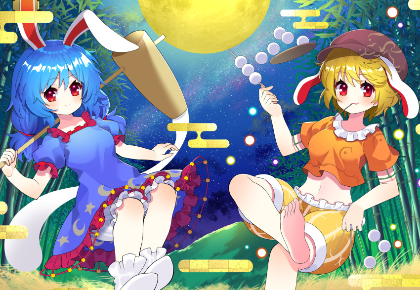 2girls animal_ears bamboo bangs barefoot blonde_hair bloomers blue_dress blue_hair blush breasts brown_headwear cabbie_hat closed_mouth collarbone commentary_request crescent_print crop_top crossed_legs dress eyebrows_visible_through_hair floppy_ears foot_out_of_frame frills full_moon hat highres holding holding_mallet kine long_hair looking_at_viewer low_twintails mallet midriff mochi mochi_trail moon multiple_girls navel night night_sky no_shoes orange_shirt orange_shorts outdoors puffy_short_sleeves puffy_sleeves rabbit_ears red_eyes seiran_(touhou) shirt short_hair short_sleeves shorts sky small_breasts smile star_(sky) star_(symbol) star_print touhou twintails underwear white_bloomers white_legwear yuujin_(yuzinn333)