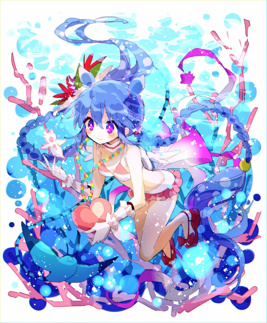 1girl absurdly_long_hair bangs blue_hair blurry bokeh bow braid bubble character_request coral depth_of_field eyebrows_visible_through_hair fish footwear_bow gloves heart hibi89 highres holding holding_heart jewelry long_hair manta_ray merc_storia necklace red_footwear smile solo sparkle swimsuit twin_braids underwater very_long_hair violet_eyes white_gloves