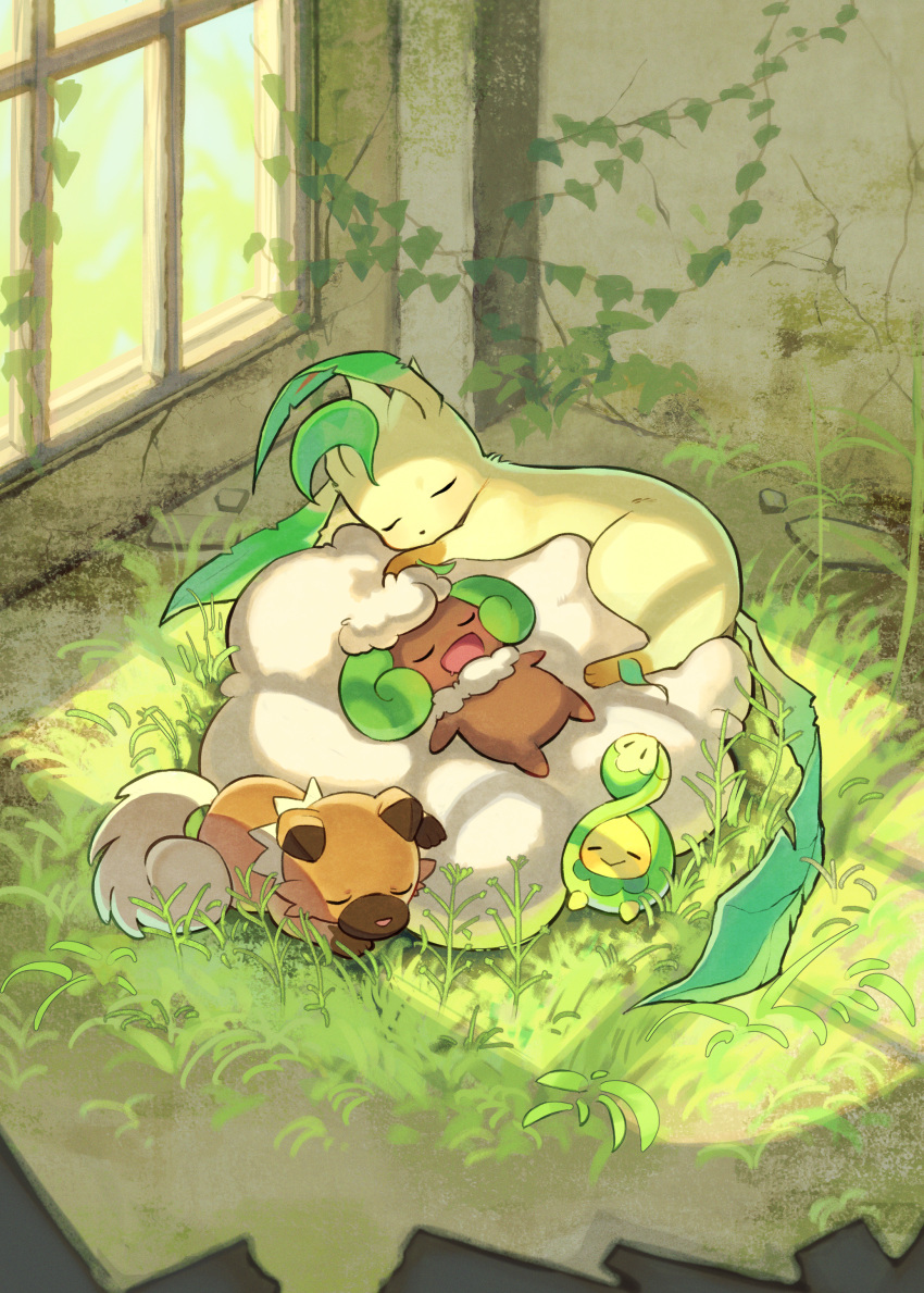 :d absurdres budew closed_eyes commentary_request furukawa_raku grass highres leafeon lying no_humans open_mouth plant pokemon pokemon_(creature) rockruff sleeping smile u_u vines whimsicott window