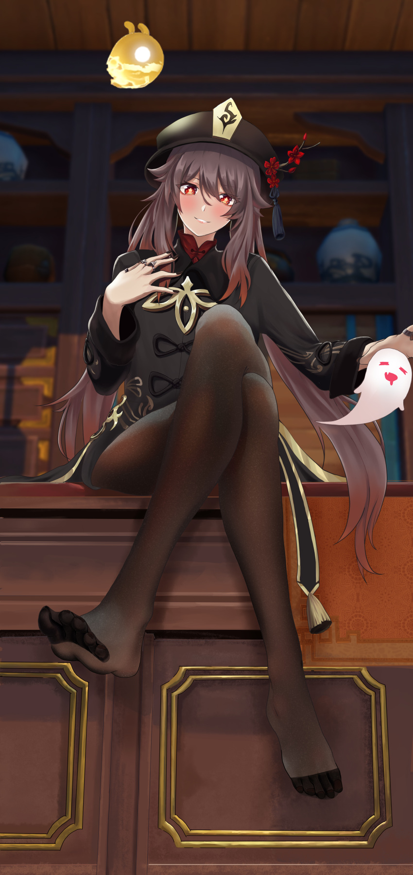 1girl absurdres black_legwear black_nails blush brown_hair chinese_clothes crossed_legs feet flower full_body genshin_impact ghost hat highres hu_tao icons_(1452697582) jewelry legs long_hair long_sleeves looking_at_viewer nail_polish pantyhose red_eyes ring sitting smile solo symbol-shaped_pupils table toes twintails