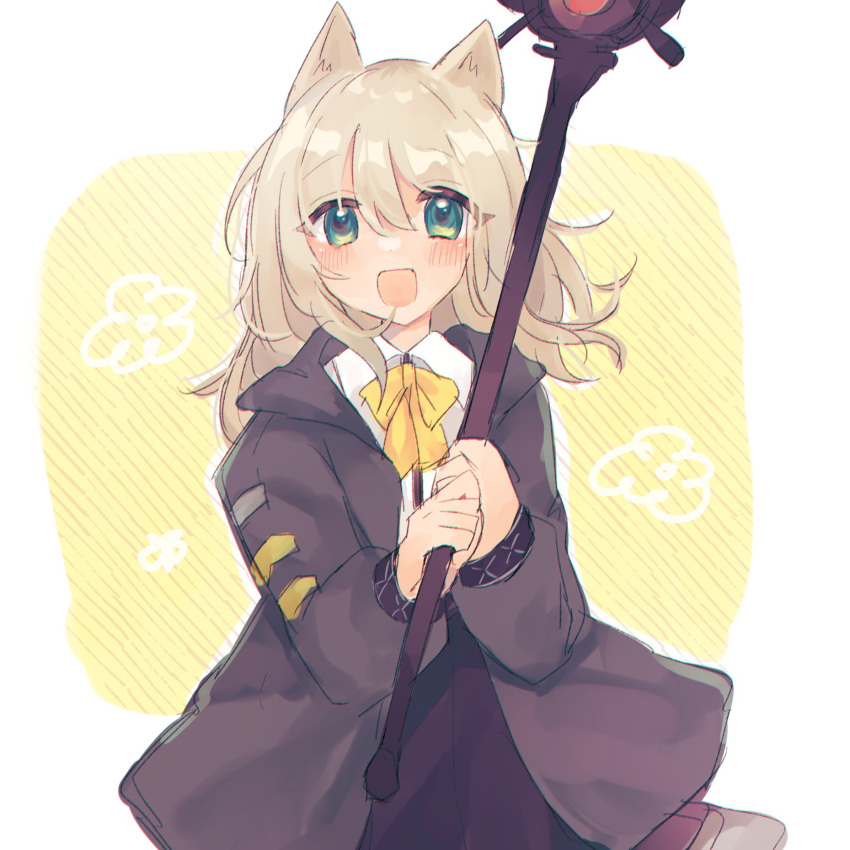 1girl :d animal_ears arknights bangs blonde_hair blush commentary_request dog_ears eyebrows_visible_through_hair green_eyes green_jacket hair_between_eyes highres holding holding_staff jacket long_sleeves looking_at_viewer medium_hair neck_ribbon open_clothes open_jacket open_mouth podenco_(arknights) ribbon shirt skirt smile solo staff tomatoritori upper_body white_background white_shirt yellow_neckwear yellow_ribbon