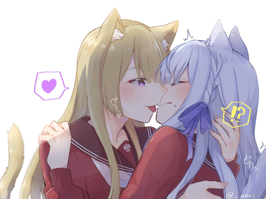 !? 2girls animal_ears assault_lily blonde_hair blush cat_ears closed_eyes face_licking hair_ribbon hand_on_shoulder heart highres hug karasuto kon_kanaho licking miyagawa_takane multiple_girls ribbon school_uniform silver_hair spoken_heart tail violet_eyes yuri