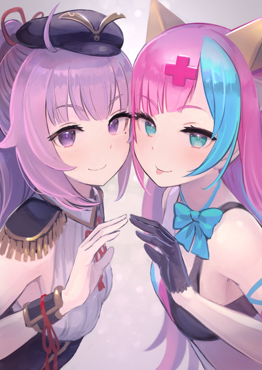 2girls ahoge animal_ears bare_shoulders black_gloves black_headwear blue_eyes blue_hair blue_ribbon cat_ears commentary_request enumiyan epaulettes gloves half_gloves hat highres mole multicolored_hair multiple_girls oda_nobuhime oda_nobuhime_(channel) pink_hair pinky_pop_hepburn purple_hair red_ribbon ribbon smile the_moon_studio tongue tongue_out violet_eyes virtual_youtuber
