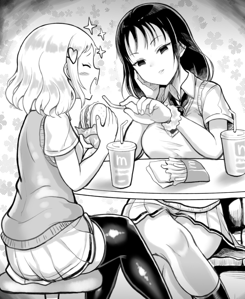 2girls bangs blush_stickers breasts closed_eyes collared_shirt commentary_request crossed_legs cup disposable_cup drinking_straw facing_another fang fast_food feeding fingernails food french_fries greyscale hair_ornament halftone hamburger hand_on_own_cheek hand_on_own_face hand_up hands_up heart heart_hair_ornament highres holding holding_food kneehighs large_breasts long_hair looking_at_another loose_necktie mcdonald's minami_koharu monochrome multiple_girls necktie open_mouth parted_lips pleated_skirt sachi_(watashi_ga_motenai_no_wa_dou_kangaetemo_omaera_ga_warui!) school_uniform shirt short_hair short_sleeves sitting sketch skirt small_breasts smile sparkle spoilers stool straight_hair sweater_vest table thick_thighs thigh-highs thighs tomato_cyuki watashi_ga_motenai_no_wa_dou_kangaetemo_omaera_ga_warui! wavy_hair