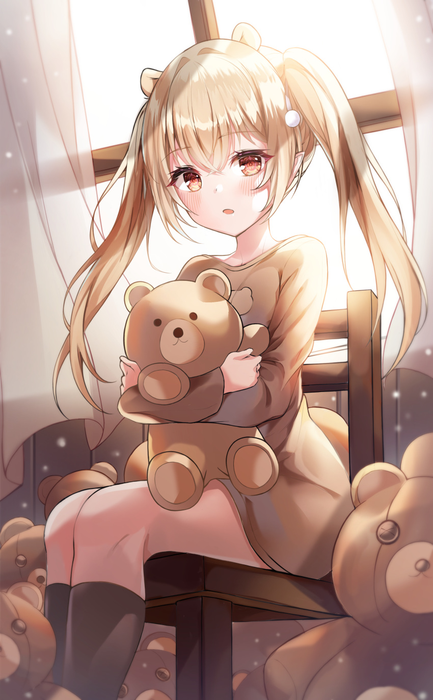 1girl :o absurdres animal_ears blonde_hair danyo_(chung0226) feet_out_of_frame hair_intakes highres holding holding_stuffed_toy indoors long_hair looking_at_viewer orange_eyes original parted_lips pointy_ears sitting solo stuffed_animal stuffed_toy teddy_bear twintails window
