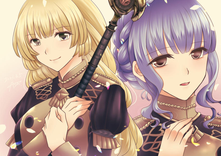 2girls asa_(asakisafe1) bangs black_jacket blonde_hair blue_hair commentary_request eyebrows_visible_through_hair fire_emblem fire_emblem:_three_houses garreg_mach_monastery_uniform grey_eyes hands_up highres holding holding_spear holding_weapon ingrid_brandl_galatea jacket long_hair long_sleeves looking_at_viewer luin_(fire_emblem) marianne_von_edmund multiple_girls parted_lips polearm short_hair smile spear upper_body weapon