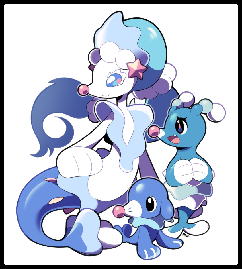 :d artsy-rc black_border border brionne closed_mouth fang gen_7_pokemon highres no_humans open_mouth own_hands_together pokemon pokemon_(creature) popplio primarina signature simple_background smile starter_pokemon white_background