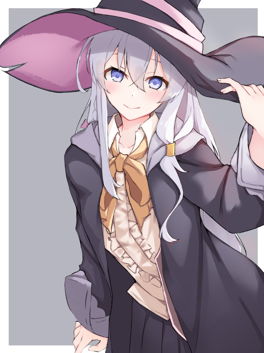 1girl absurdres black_coat black_skirt blue_eyes bow bowtie center_frills coat collared_shirt elaina_(majo_no_tabitabi) frills grey_background hair_between_eyes hand_on_headwear hat highres hooded_coat long_hair long_sleeves looking_at_viewer majo_no_tabitabi pleated_skirt shirt silver_hair skirt smile solo talroneng witch_hat yellow_neckwear yellow_shirt