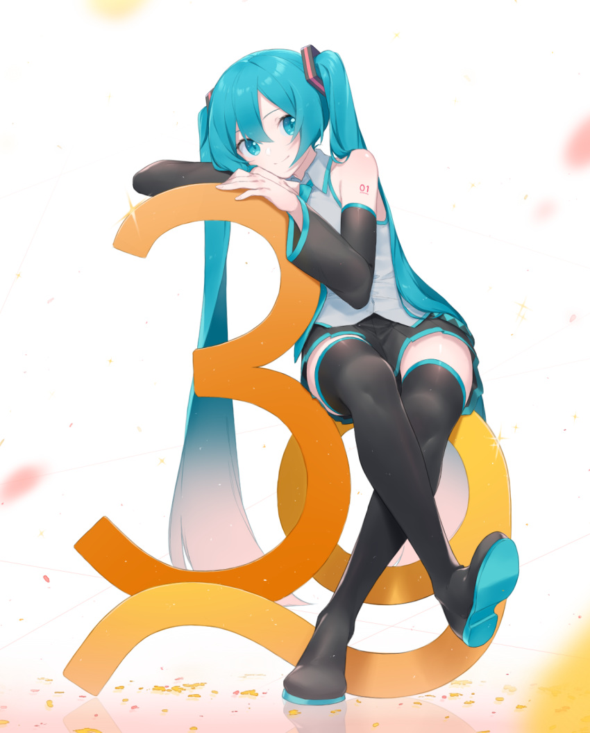 1girl 39 bangs black_footwear black_legwear black_skirt black_sleeves blue_eyes blue_hair blush boots closed_mouth commentary detached_sleeves eyebrows_behind_hair fhang full_body hair_between_eyes hatsune_miku highres long_hair long_sleeves looking_at_viewer pleated_skirt shoe_soles skirt smile solo symbol_commentary thigh-highs thigh_boots very_long_hair vocaloid white_background wide_sleeves