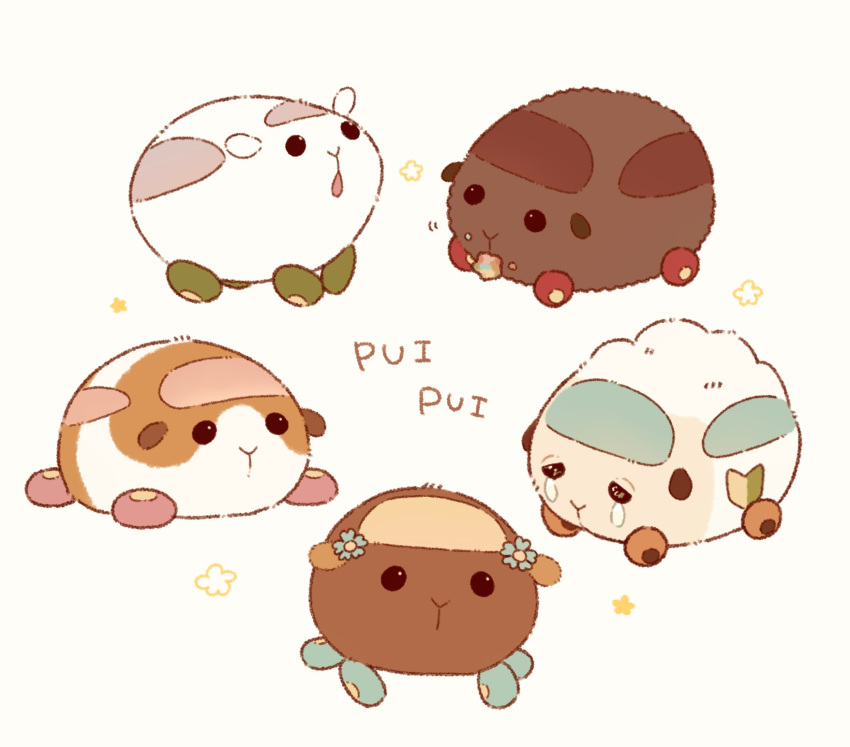 abbey_(pui_pui_molcar) animal_focus black_eyes blue_flower choco_(pui_pui_molcar) commentary_request crying crying_with_eyes_open eating flower fluffy food food_on_face ground_vehicle guinea_pig half-closed_eyes highres looking_up lying moku_(mintchoco_310) molcar motor_vehicle no_humans on_stomach open_mouth potato_(pui_pui_molcar) pui_pui_molcar shiromo_(pui_pui_molcar) shoshinsha_mark simple_background star_(symbol) tears teddy_(pui_pui_molcar) trash wheel white_background