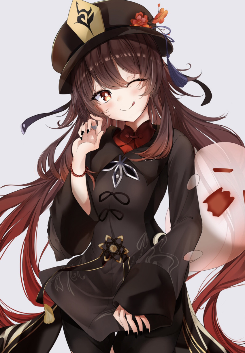 1girl :q bangs black_clothes black_headwear black_nails black_shorts blush bracelet brown_hair chinese_clothes closed_mouth eyebrows_visible_through_hair genshin_impact ghost gradient_hair grey_background hand_up hat highres hu_tao jewelry long_sleeves looking_at_viewer mamezou_(tzakki023) multicolored_hair nail_polish one_eye_closed red_eyes redhead ring shorts simple_background sleeves_past_wrists smile tongue tongue_out