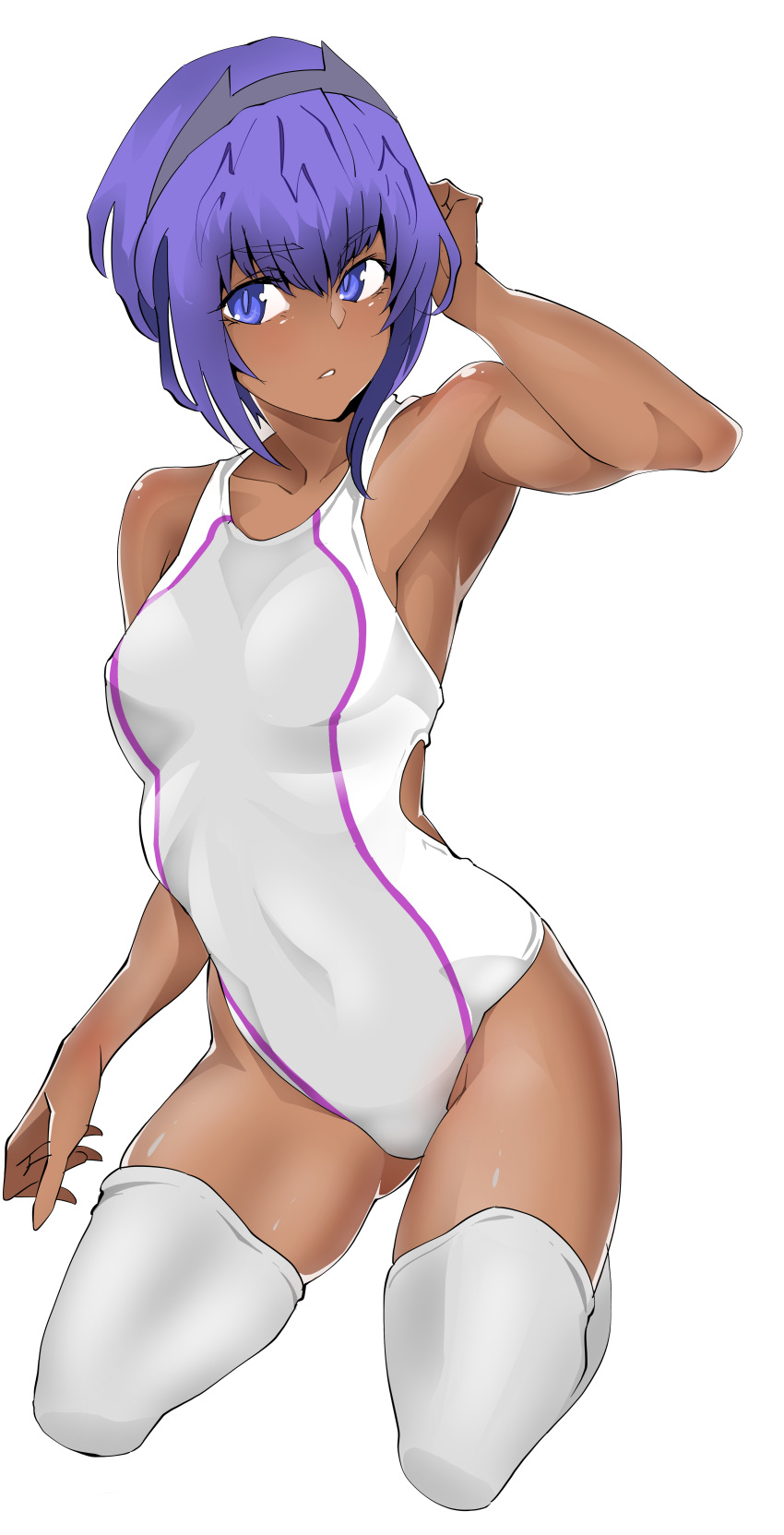 1girl absurdres blue_eyes blue_hair breasts competition_swimsuit dark_skin dark-skinned_female fate/grand_order fate_(series) full_body grey_swimsuit hairband hassan_of_serenity_(fate) highres kimuwaipu kneeling one-piece_swimsuit short_hair simple_background small_breasts solo swimsuit thigh-highs two-tone_swimsuit white_background white_legwear