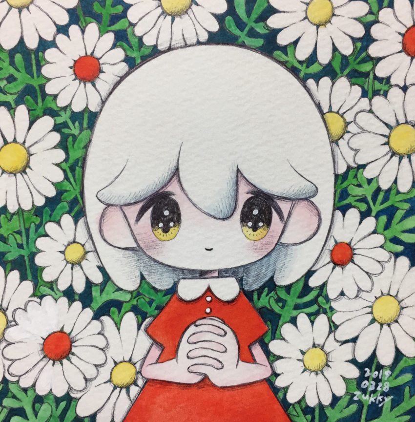 1girl dated dress flower hands_together highres leaf looking_at_viewer medium_hair no_nose original plant red_dress signature smile solo traditional_media upper_body white_flower white_hair yellow_eyes zukky000