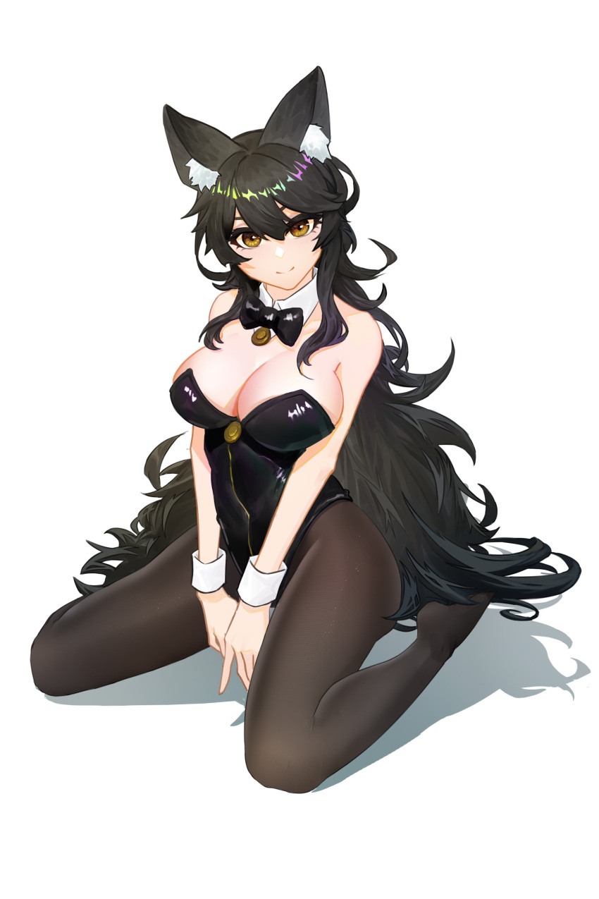 1girl absurdres animal_ear_fluff atago_(azur_lane) azur_lane bare_shoulders black_footwear black_hair black_legwear black_leotard bow bowtie breasts covered_navel detached_collar full_body hair_between_eyes high_heels highres large_breasts leotard long_hair pantyhose playboy_bunny shoes simple_background solo strapless strapless_leotard white_background wing_collar wrist_cuffs yellow_eyes yigali_xinji