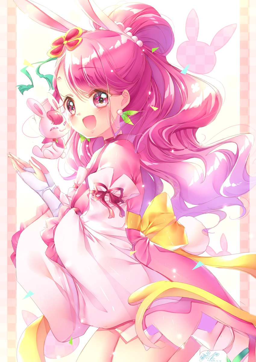 1girl :d alternate_costume animal_ears blush bow commentary_request cure_grace dress earrings eyelashes hair_ornament hanadera_nodoka happy healin'_good_precure highres jewelry looking_at_viewer magical_girl open_mouth pink_dress pink_eyes pink_hair precure rabbit_ears rabirin_(precure) smile solo standing touki_matsuri