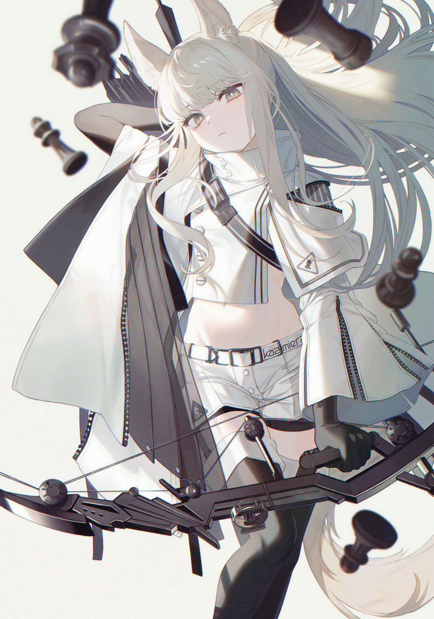 1girl animal_ears arknights bangs bow chess_piece grey_eyes highres holding holding_weapon horse_ears ji_mag_(artist) kneehighs long_hair long_sleeves looking_at_viewer pale_skin platinum_(arknights) shirt shorts solo stomach weapon white_shirt