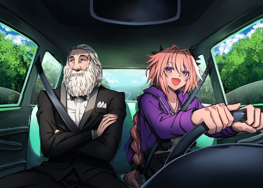 2boys absurdres astolfo_(fate) bangs beard black_jacket black_pants black_ribbon black_skirt blue_sky blush bow bowtie braid car_interior clip_studio_paint_(medium) closed_mouth clouds commentary_request commission cowboy_shot crop_top crossed_arms day driving eudetenis eyebrows_visible_through_hair facial_hair fang fate/apocrypha fate_(series) father_and_son formal hair_ribbon highres jacket long_braid long_hair long_sleeves looking_to_the_side male_focus multicolored_hair multiple_boys old old_man open_mouth otto_of_england pants pink_hair pocket_square purple_hair purple_jacket ribbon seatbelt shirt short_hair single_braid skin_fang skirt sky smile streaked_hair suit tree violet_eyes white_hair white_shirt