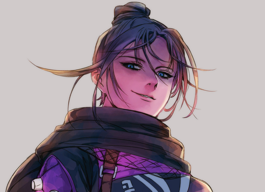 1girl apex_legends bangs black_hair black_scarf blue_eyes bodysuit floating_hair grey_background hair_behind_ear hair_bun looking_at_viewer looking_down mizu_cx parted_bangs scarf shaded_face smirk solo upper_body wraith_(apex_legends)