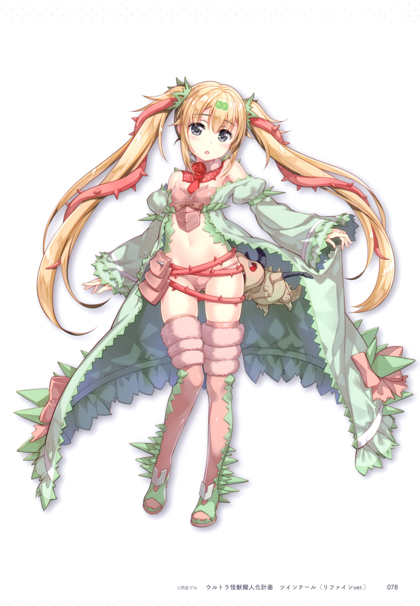 1girl absurdres armor bangs bikini bikini_armor blonde_hair blue_eyes blush boots copyright_name eyebrows_visible_through_hair floating_hair fujima_takuya full_body hair_between_eyes highres long_hair long_sleeves open_mouth original page_number pink_bikini pink_footwear shiny shiny_hair sleeves_past_wrists solo standing swimsuit thigh-highs thigh_boots very_long_hair white_background