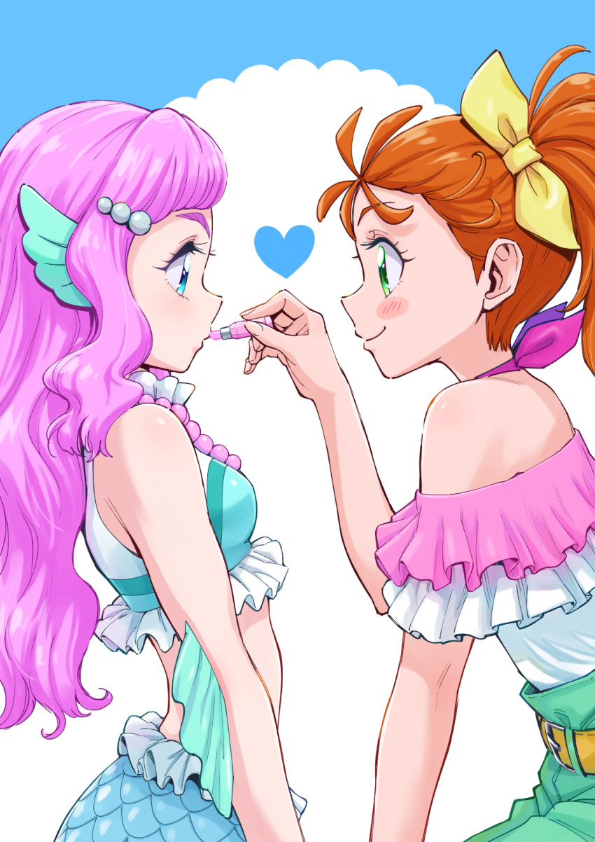 2girls bare_shoulders blue_eyes blush_stickers closed_mouth cosmetics green_eyes heart highres holding holding_lipstick_tube itou_shin'ichi laura_(precure) lipstick lipstick_tube long_hair looking_at_another makeup mermaid midriff monster_girl multiple_girls natsuumi_manatsu orange_hair pink_hair ponytail precure short_hair smile tropical-rouge!_precure