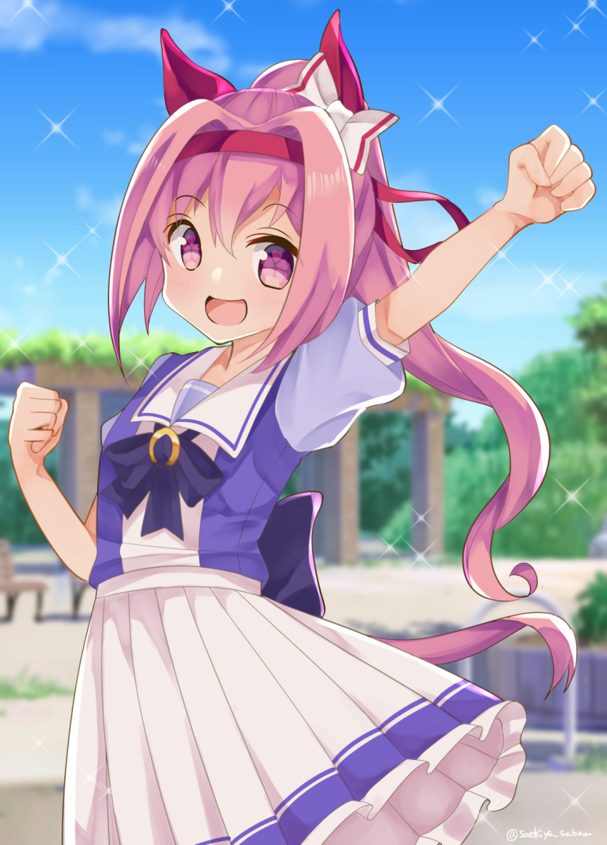 1girl :d animal_ears arm_up bangs blurry blurry_background blush bow clenched_hands commentary_request cowboy_shot eyebrows_visible_through_hair flat_chest flower-shaped_pupils frilled_skirt frills hair_between_eyes hair_bow hair_intakes haru_urara_(umamusume) headband highres horse_ears horse_tail long_hair looking_at_viewer neck_ribbon open_mouth outdoors pink_eyes pink_hair ponytail purple_neckwear purple_shirt red_headband ribbon saekiya_sabou sailor_collar school_uniform shirt short_sleeves sidelocks skirt smile solo standing tail tracen_school_uniform twitter_username umamusume white_bow white_sailor_collar white_skirt
