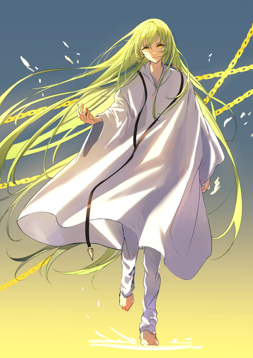 1other absurdres androgynous bangs chain cloak enkidu_(fate) enkidu_(weapon)_(fate) fate/grand_order fate_(series) floating_hair gold_chain green_hair hair_between_eyes highres jewelry long_hair looking_at_viewer marimo_(nogdujeon) necklace pants smile solo very_long_hair walking white_cloak white_pants yellow_eyes