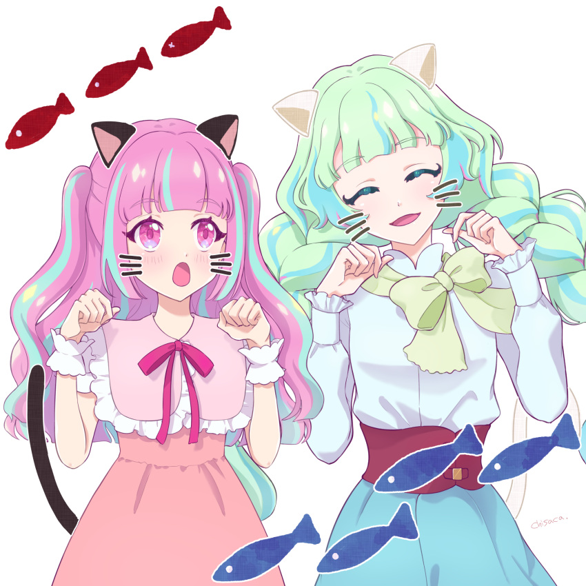 2girls :d :o ^_^ ^o^ aikatsu!_(series) aikatsu_planet! animal_ears ann_(aikatsu!) aqua_eyelashes artist_name bangs blue_hair blue_skirt blunt_bangs blush bow bowtie braid cat_day cat_ears cat_tail chisaca closed_eyes colored_eyelashes commentary_request diamond_(symbol) drawn_ears drawn_tail drawn_whiskers dress eyebrows_visible_through_hair facing_viewer fish green_hair green_neckwear hands_up high-waist_skirt highres kurimu_an long_hair looking_at_another loose_bowtie multicolored multicolored_eyes multicolored_hair multiple_girls neck_ribbon open_mouth paw_pose pink_dress pink_eyes pink_hair pink_ribbon q-pit ribbon shirt simple_background skirt smile streaked_hair tail tsukishiro_ayumi twin_braids twintails two_side_up upper_body very_long_hair violet_eyes white_background white_shirt wrist_cuffs