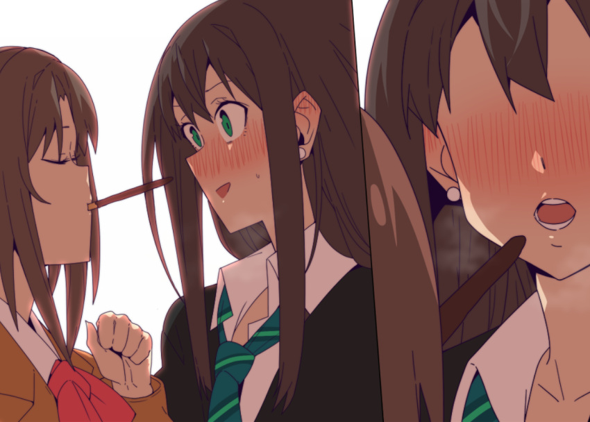 2girls blush brown_hair cardigan closed_eyes commentary_request earrings erere food food_in_mouth green_eyes green_neckwear idolmaster idolmaster_cinderella_girls jewelry long_hair looking_at_another mouth_hold multiple_girls necktie open_mouth pocky pocky_kiss school_uniform shibuya_rin shimamura_uzuki yuri