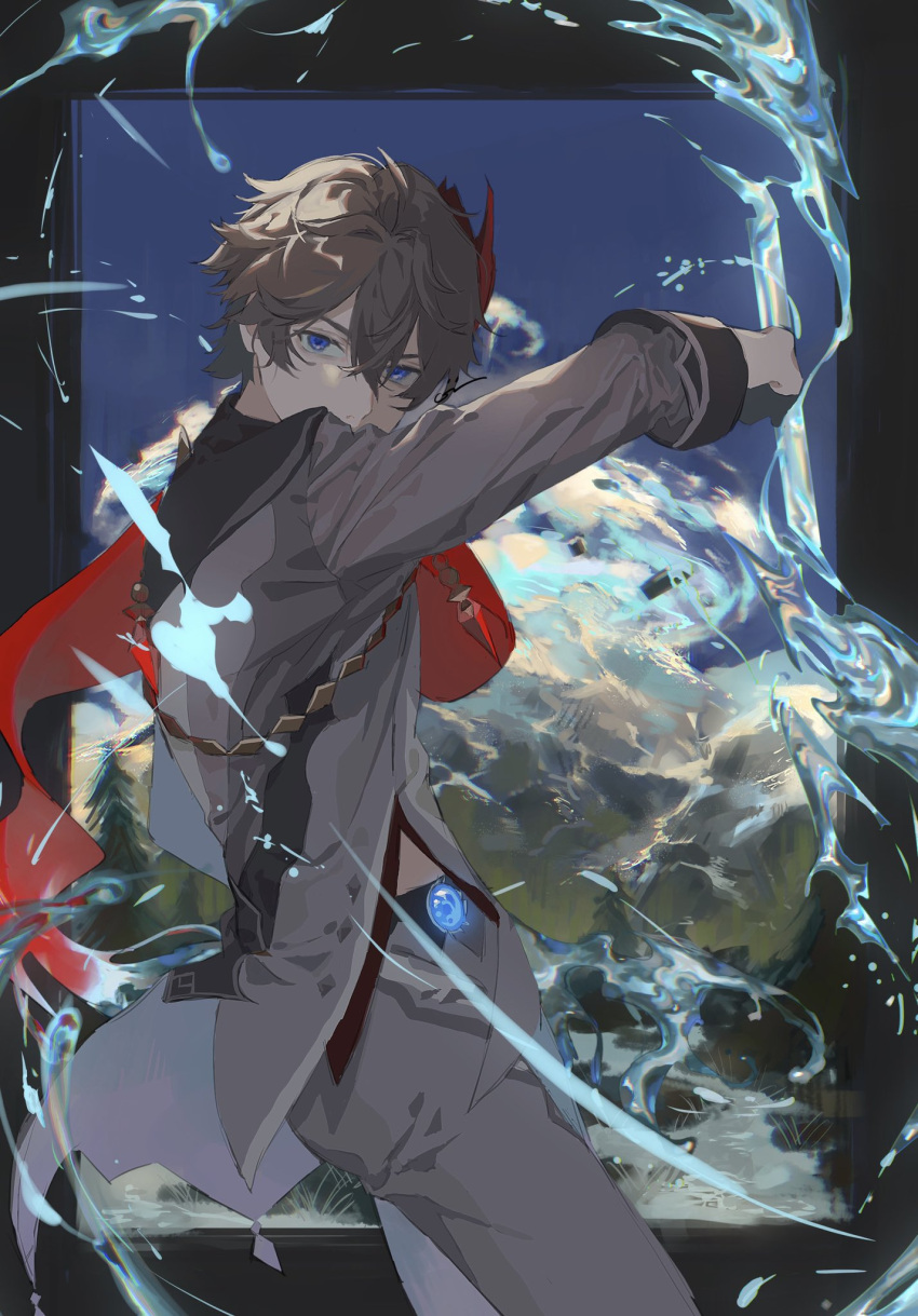 1boy bangs blue_eyes genshin_impact grey_jacket grey_pants hair_between_eyes highres holding holding_weapon jacket looking_at_viewer male_focus mask mask_on_head pants pcrxle red_scarf scarf solo tartaglia_(genshin_impact) vision_(genshin_impact) water weapon