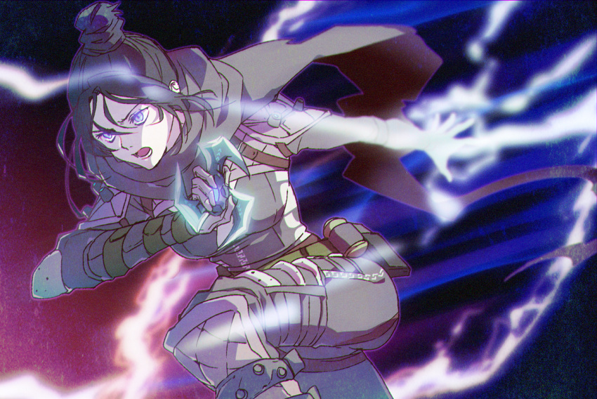 1girl apex_legends bangs black_scarf bodysuit breasts electricity explosive floating_hair glowing glowing_eyes green_belt grenade hair_behind_ear hair_bun holding holding_weapon leaning_forward medium_breasts mizu_cx open_hand open_mouth parted_bangs running scarf shuriken solo v-shaped_eyebrows violet_eyes weapon wraith_(apex_legends)