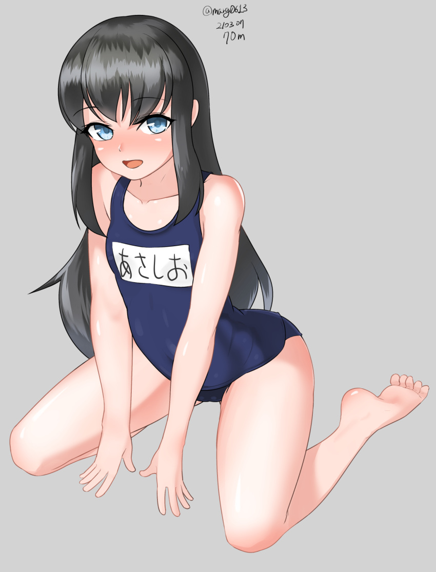 1girl asashio_(kancolle) barefoot black_hair blue_eyes blue_swimsuit collarbone dated flat_chest full_body grey_background highres kantai_collection kneeling long_hair looking_at_viewer maru_(marg0613) name_tag school_swimsuit simple_background solo swimsuit twitter_username