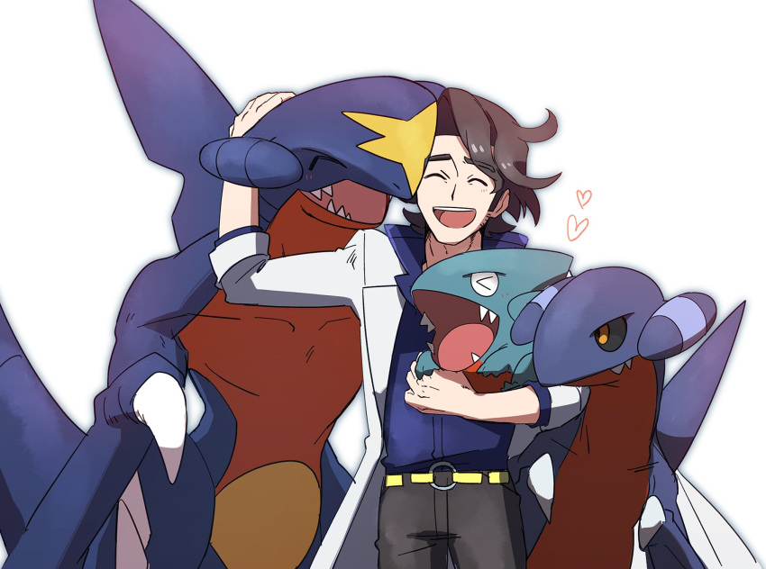 1boy augustine_sycamore brown_hair closed_eyes collared_shirt commentary_request gabite garchomp gen_4_pokemon gible heart highres labcoat male_focus medium_hair morio_(poke_orio) open_mouth pants pokemon pokemon_(creature) pokemon_(game) pokemon_xy shirt simple_background smile teeth tongue white_background |d