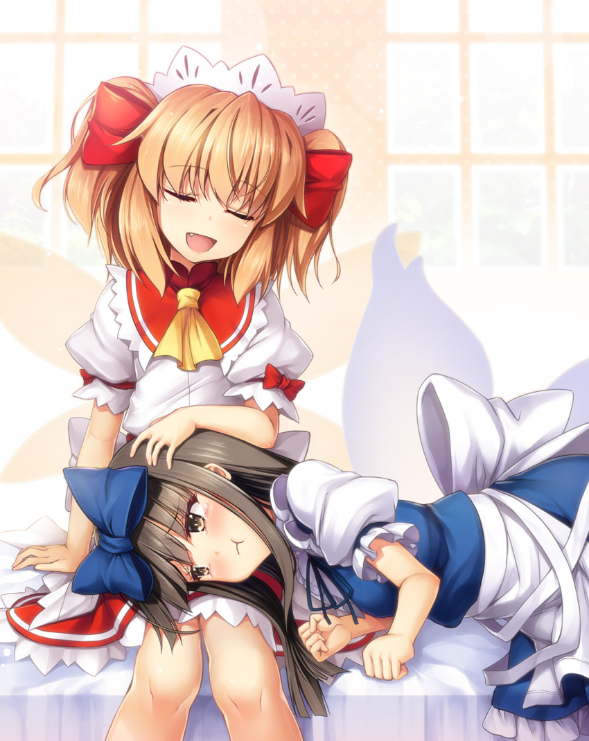 2girls :d :t ascot bangs black_hair blue_bow blunt_bangs bow chima_q clenched_hands closed_eyes commentary_request earrings eyebrows_visible_through_hair fairy_wings fang hair_bow hand_on_another's_head highres hime_cut jewelry lap_pillow long_hair lying multiple_girls on_side open_mouth orange_hair pout puffy_short_sleeves puffy_sleeves short_hair short_sleeves sidelocks sitting smile star_sapphire sunny_milk touhou twintails wings yellow_neckwear