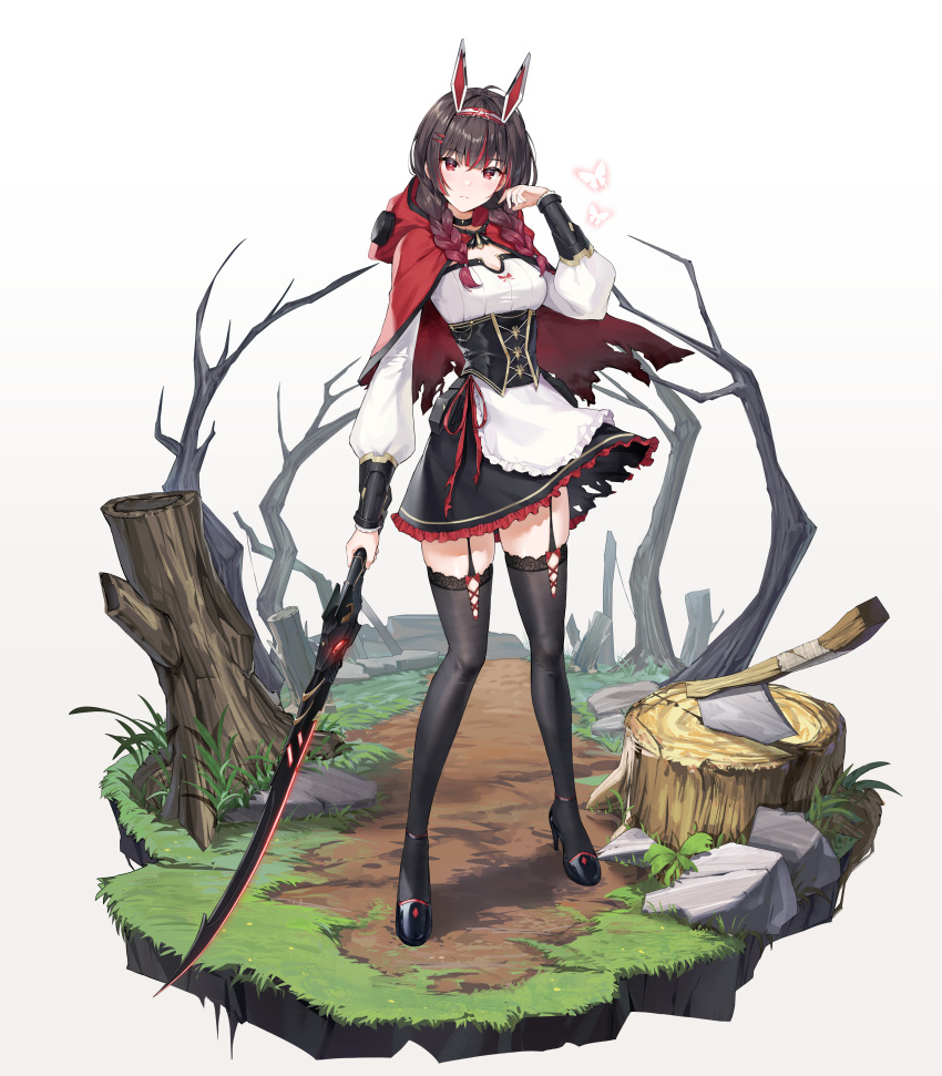 1girl absurdres acco_(sh_in) animal_ears apron black_legwear black_skirt braid breasts brown_hair cape corset fake_animal_ears faux_figurine frilled_skirt frills full_body garter_straps gradient_hair hair_over_shoulder hairband highres holding holding_sword holding_weapon long_hair long_sleeves looking_at_viewer lucia_(punishing:_gray_raven) medium_breasts miniskirt multicolored_hair punishing:_gray_raven rabbit_ears red_cape red_ribbon redhead ribbon shiny shiny_hair shirt simple_background skirt solo standing sword thigh-highs torn_cape torn_clothes torn_skirt twin_braids waist_apron weapon white_apron white_background white_shirt zettai_ryouiki