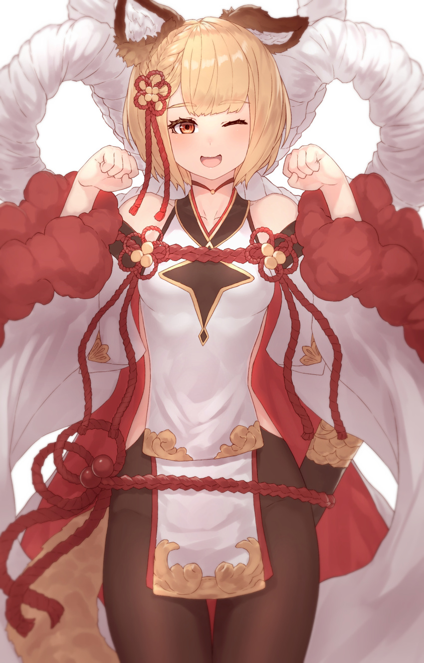 1girl ;d absurdres animal_ears apron arms_up bare_shoulders black_legwear blonde_hair blue_background braid breasts choker collarbone cowboy_shot detached_sleeves erune eyelashes french_braid granblue_fantasy highres japanese_clothes looking_at_viewer one_eye_closed open_mouth pantyhose paw_pose rope shimenawa short_hair smile solo straight-on vajra_(granblue_fantasy) waist_apron wide_sleeves yu_mochi_(kamiinu)