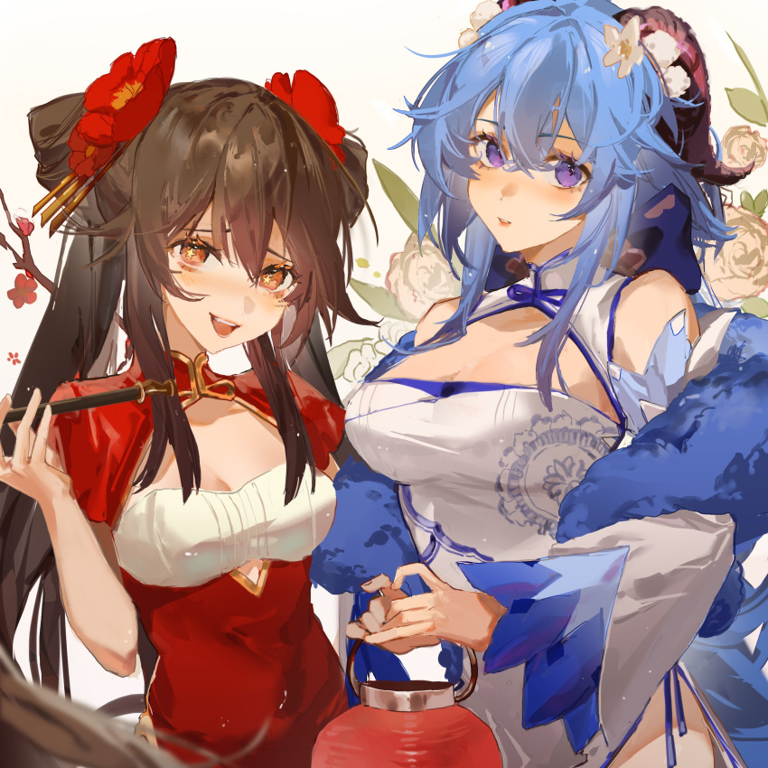 2girls 9degree absurdres blue_dress blue_hair breasts brown_hair china_dress chinese_clothes commentary dress flower ganyu_(genshin_impact) genshin_impact hair_bun hair_flower hair_ornament highres holding horns hu_tao lantern large_breasts looking_at_viewer multiple_girls open_mouth orange_eyes pipe red_dress violet_eyes