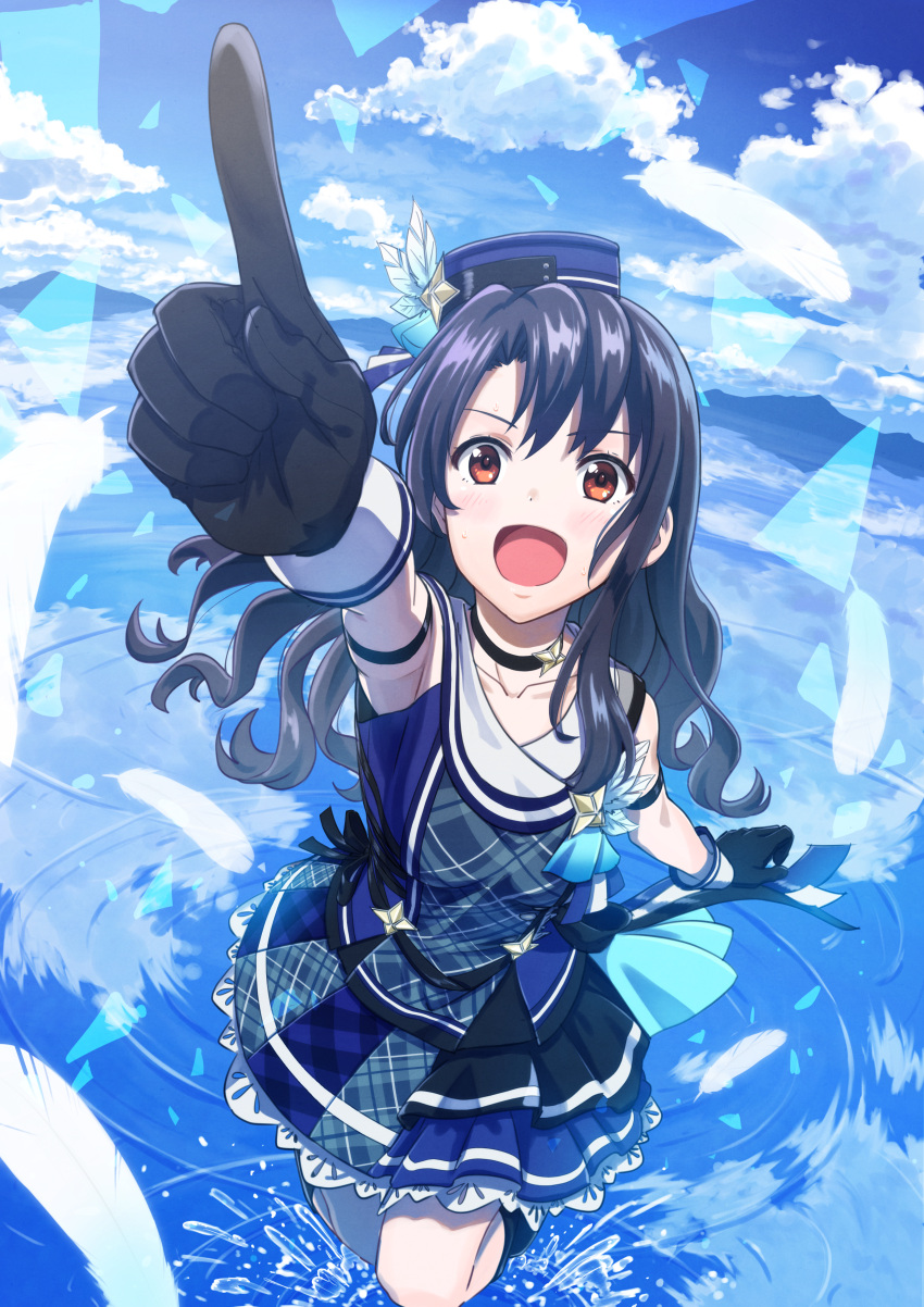 1girl absurdres bare_shoulders black_gloves black_hair blue_sky choker clouds cloudy_sky collarbone dress fisheye gloves hat highres idolmaster idolmaster_million_live! idolmaster_million_live!_theater_days long_hair looking_at_viewer open_mouth out_of_frame outdoors paatasu plaid plaid_dress pointing ripples sky smile solo takayama_sayoko water white_feathers