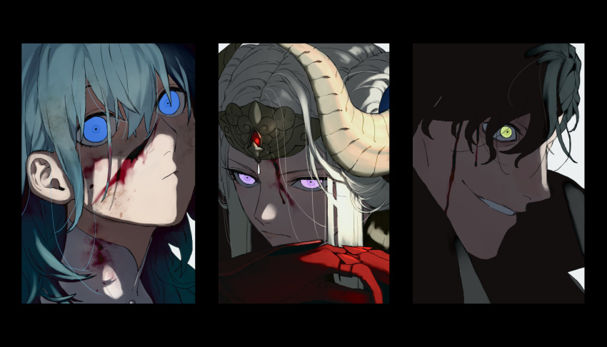 1boy 2girls 91007 bangs black_border black_hair blood blood_on_face blue_eyes blue_hair border byleth_(fire_emblem) byleth_eisner_(female) closed_mouth edelgard_von_hresvelg fire_emblem fire_emblem:_three_houses gauntlets grin hair_between_eyes horns hubert_von_vestra long_hair multiple_girls pink_eyes portrait short_hair smile very_long_hair yellow_eyes