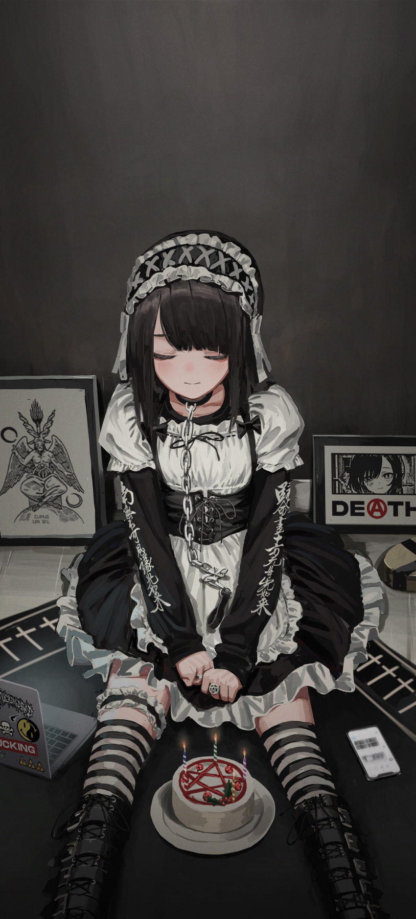 1girl absurdres bangs baphomet black_dress black_footwear black_hair blunt_bangs boots cake candle center_frills chain chained character_print closed_eyes closed_mouth collar collarbone computer cross-laced_footwear dress emoji facing_viewer food framed frilled_dress frills gothic_lolita hairband highres jewelry lace-up_boots laptop leg_garter lolita_fashion long_hair long_sleeves medium_hair metal_collar nadegata original pentagram phone photo_(object) puffy_short_sleeves puffy_sleeves ring short_sleeves sitting solo striped striped_legwear thigh-highs v_arms