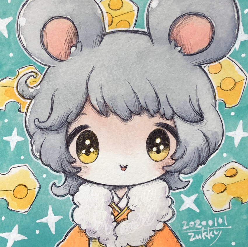 1girl animal_ears bangs blush cheese chinese_zodiac dated food grey_hair highres medium_hair mouse_ears new_year no_nose original outline signature solo upper_body white_outline year_of_the_rat yellow_eyes zukky000