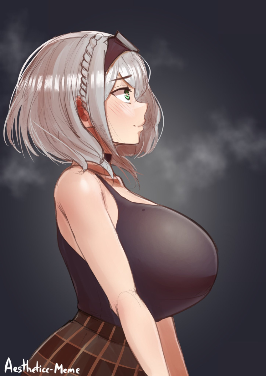 1girl aestheticc-meme artist_name bare_shoulders black_background black_shirt blush braiding_hair breasts choker collarbone crop_top english_commentary english_text eyebrows_visible_through_hair from_side gulping hairdressing heart heart-shaped_pupils highres hololive huge_breasts shirogane_noel shirt short_hair silver_hair skirt sleeveless solo steam steaming_body symbol-shaped_pupils tiara