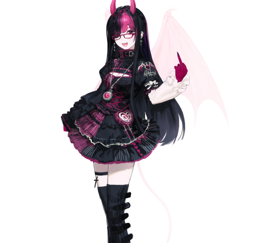 1girl :d absurdres bag belt_boots black_dress black_hair black_legwear boots colored_skin copyright_request demon_girl demon_horns dress eyepatch frilled_dress frills glasses gothic_lolita handbag heart heart_necklace highres horns jewelry latin_cross lolita_fashion long_hair long_sleeves looking_at_viewer middle_finger multicolored multicolored_hair multicolored_skin necklace one_eye_covered open_mouth oyabuli pink-framed_eyewear pink_eyes pink_hair pink_horns pink_skin puffy_short_sleeves puffy_sleeves short_over_long_sleeves short_sleeves slit_pupils smile solo standing tail thigh-highs thigh_strap two-tone_hair two-tone_skin wings