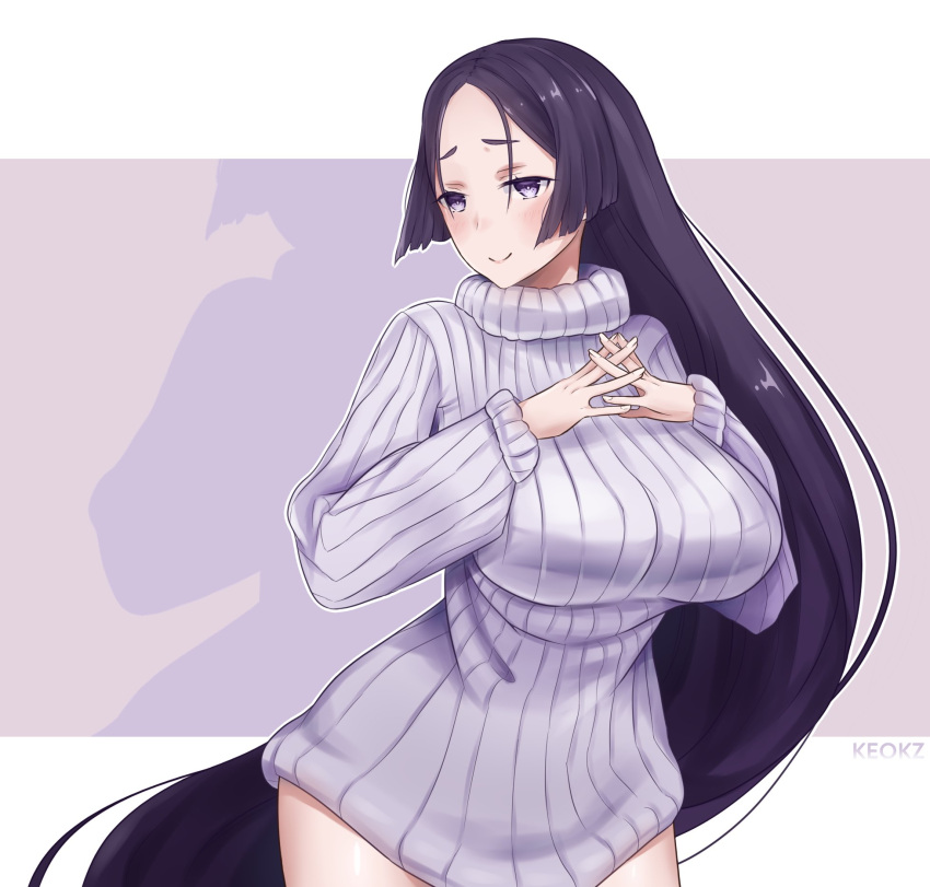 1girl blush breasts fate/grand_order fate_(series) highres keokz large_breasts long_hair looking_at_viewer minamoto_no_raikou_(fate) simple_background solo sweater turtleneck turtleneck_sweater