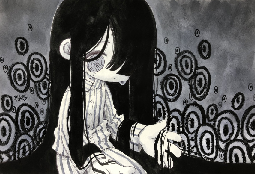1girl abstract_background bangs black_hair blunt_bangs closed_mouth crying dated feet_out_of_frame grey_eyes greyscale hair_over_one_eye highres long_hair long_sleeves monochrome original pants shirt signature solo spiral_eyes striped striped_pants striped_shirt tears very_long_hair zukky000