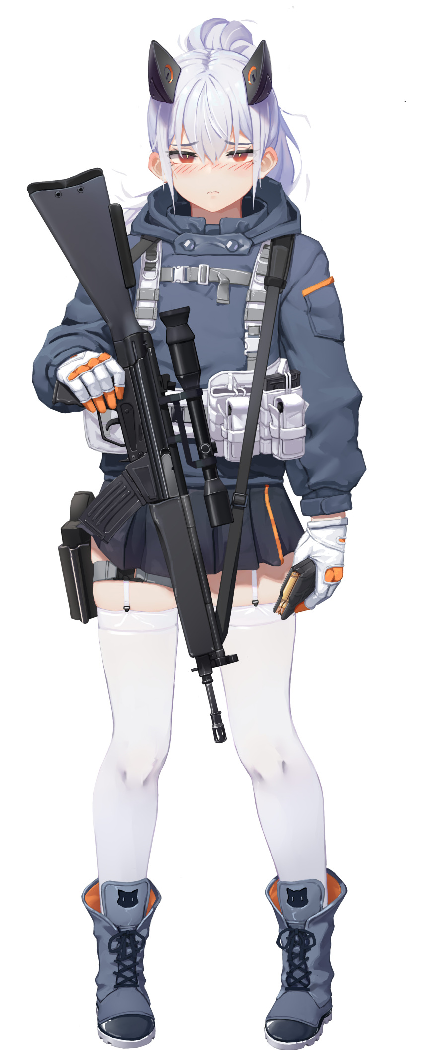 1girl absurdres blush girls_frontline gloves greentree gun handgun highres hk33_(girls_frontline) holding holding_gun holding_magazine_(weapon) holding_weapon holster load_bearing_equipment magazine_(weapon) pistol ponytail red_eyes rifle scope silver_hair skindentation skirt sling solo sweatshirt thigh-highs thigh_holster weapon white_background