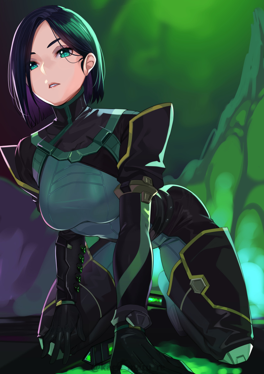 1girl absurdres all_fours arm_support black_gloves black_legwear bob_cut bodysuit breasts gloves green_background green_bodysuit green_eyes hair_behind_ear highres kagematsuri large_breasts looking_at_viewer medium_hair parted_lips puffy_sleeves purple_hair solo thigh-highs twitter_username valorant viper_(valorant)