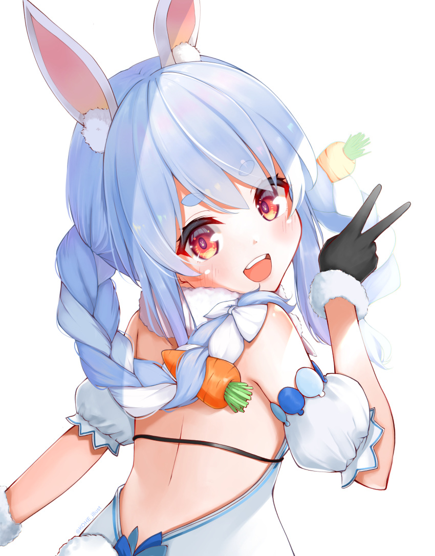 1girl :d absurdres animal_ear_fluff animal_ears back backless_coat bangs bare_back black_gloves blue_hair blush braid bunny-shaped_pupils bunny_tail carrot_hair_ornament coat detached_sleeves food_themed_hair_ornament from_behind fur-trimmed_gloves fur_scarf fur_trim gloves hair_ornament hair_over_shoulder highres hikimayu hololive kohe_billialot long_hair looking_at_viewer multicolored_hair open_mouth orange_eyes puffy_short_sleeves puffy_sleeves rabbit_ears rabbit_girl scarf short_eyebrows short_sleeves simple_background smile solo strapless_coat swept_bangs tail twin_braids twintails two-tone_hair upper_body upper_teeth usada_pekora v virtual_youtuber white_background white_coat white_hair white_scarf white_sleeves