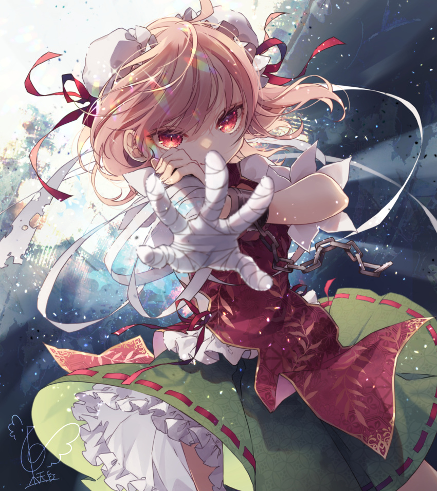 1girl bandaged_arm bandages bangs bun_cover cuffs double_bun frilled_shirt frilled_skirt frills green_skirt hair_between_eyes hand_on_own_arm highres ibaraki_kasen outstretched_arm pink_hair puffy_short_sleeves puffy_sleeves red_eyes red_tabard shackles shirt short_sleeves skirt solo standing touhou toutenkou white_shirt