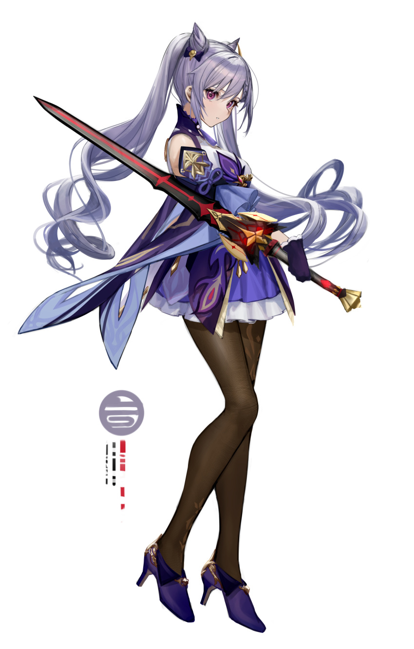 1girl absurdres bare_shoulders black_legwear bow braid breasts detached_sleeves dress frilled_dress frilled_skirt frilled_sleeves frills genshin_impact gloves hair_bow hair_cones hair_ornament hairclip high_heels highres holding holding_sword holding_weapon keqing_(genshin_impact) pantyhose purple_hair simple_background skirt solo sword takubon twintails violet_eyes weapon white_background
