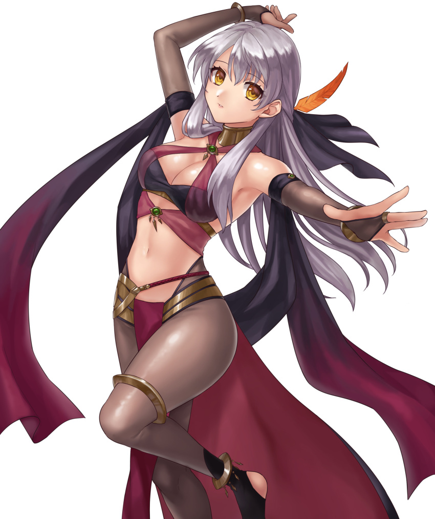1girl absurdres alternate_costume anklet arm_up bandeau bangs bracelet commentary_request commission cosplay criss-cross_halter dancer dorothea_arnault dorothea_arnault_(cosplay) elbow_gloves eyebrows_visible_through_hair feathers fingerless_gloves fire_emblem fire_emblem:_radiant_dawn fire_emblem_heroes gloves grey_gloves grey_legwear hair_feathers halterneck hazuki_(nyorosuke) highres jewelry long_hair looking_at_viewer micaiah_(fire_emblem) midriff navel outside_border pantyhose parted_lips shawl silver_hair simple_background skeb_commission solo standing stomach thighlet thighs white_background yellow_eyes